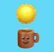 © cgterminal - Funny kawaii style coffee or tea cup with sunn. Realistic cute cartoon character. Trendy 3d vector illustration. Creative design element on simple background. Food concept art.