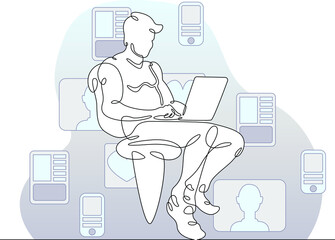 One continuous line.A young man with a laptop in his hands. A man is sitting with a computer. Work on the Internet. Communication in social networks.Continuous art line drawing isolated white backgrou