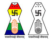 Jain logo with five colour flag background. Jainism emblem with Jain flag. Jain Pratik Chinha/Symbol for Jain religion aryushan Parva, Samvatsari, Mahavir Jayanti, Janma Kalyanaka