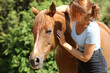 Happy woman caressing a horse in a farm
