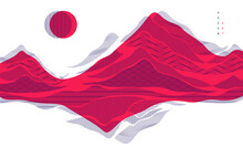 Oriental Japanese Style Vector Abstract Illustration In Red Color, Background In Asian Traditional Style, Wavy Shapes And Mountains Terrain, Runny Like Sea Lines.