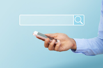 Businessman holding smartphone or mobile phone for searching data information networking. Concept for network web and technology