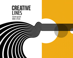 Wall Mural - 3D black and yellow lines in perspective abstract vector background, linear perspective illustration op art.