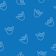 Hang loose hand seamless vector pattern. surfing background. Surfing shaka hand sign repeating blue backdrop. Hang loose hand gesture design for surf shop, fabric, cool decor.