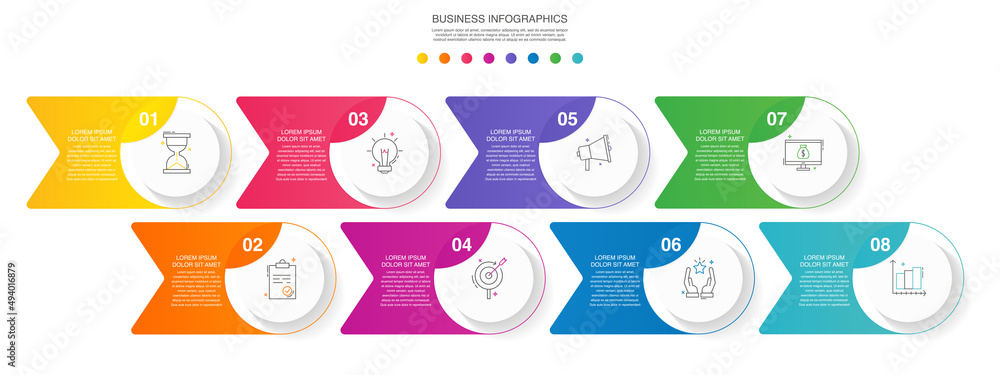 Vector line infographics template for 8 arrows and circles. Business ...