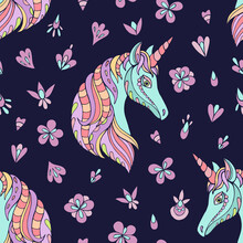 Seamless Vector Pattern With Unicorn. Background For Greeting Card, Website, Printing On Fabric, Gift Wrap, Postcard And Wallpapers. 
