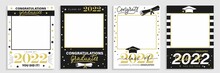 Class Of 2022. Graduation Party Photo Booth Props Set. Photo Frame For Grads With Caps And Scrolls. Congratulations Graduates Concept With Lettering. Vector Illustration. Gold And Black Grad Design.
