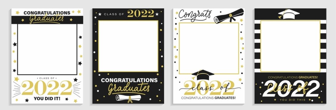 Wall Mural - Class of 2022. Graduation party photo booth props set. Photo frame for grads with caps and scrolls. Congratulations graduates concept with lettering. Vector illustration. Gold and black grad design.