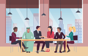 Wall Mural - Business meeting for negotiations with foreign partner or investor. People communicating in conference room, brainstorming and teambuilding. Colleagues discuss business strategy, plan of development