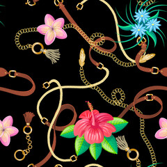 Wall Mural - Seamless pattern with belts, chain and flowers for fabric design, accessories on black background. Golden baroque chains pattern. Vector design for fashion prints and wallpapers with decorations