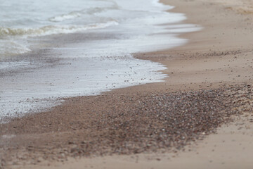 Close up textured view of seaside sand with rocks.