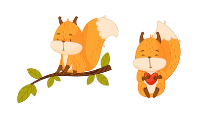 Wall Mural - Adorable funny red squirrel forest animal sitting on thee branch and holding red heart cartoon vector illustration