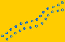 Paws Of A Cat, Dog, Puppy In Blue Color On A Yellow Background In A Flat Design. Diagonal Animal Footprints For Veterinary Clinic Websites, Cute Pet Posters. 