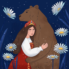 Beautiful Russian girl in traditional folk dress. Woman in the Russian national costume and headdress - Kokoshnik. Cartoon female character with bear and chamomile. Hand drawn daisy flowers.