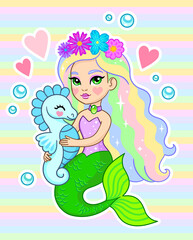 Cute mermaid princess with colorful hair hugging a seahorse. Cartoon vector illustration