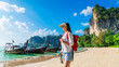 Traveler woman walking on vacation joy nature view scenic landscape Lailay beach Krabi, Attraction famous popular place tourist travel Phuket Thailand summer holiday trip, Beautiful destination Asia