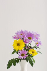 Poster - chrysanthemums flowers in ceramic vase on white background