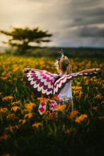 Blond Girl Child With Butterfly Wings In Orange Flower Field Playing