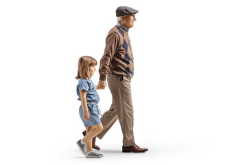 Poster - Full length profile shot of a grandfather and granddaughter walking and holding hands