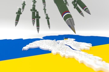 Canvas Print - 3d stylized schemitic map - Kyiv Kiev capital cyty of Ukraine under fire from ballistic missiles