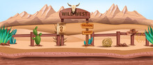 Wild West Landscape Background, Vector Western Desert Illustration, Game Environment Concept. Canyon Rock Mountains, Wooden Fence, Cow Skull, Road Sign, Cactus Agave, Tumble-weed. Wild West Texas View