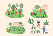 People working in garden vector. Man and Woman backyard with plants. Summer outdoor works