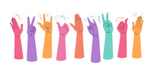 Raised Hands Gestures Express Happiness And Success. Crowd Of People Rejoice Vector Illustration