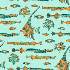 Coral teal shoal of fish linen wash nautical background. Summer coastal style fabric swatches. Under the sea life tropical fishes material. 2 tone green reef dyed textile seamless pattern.