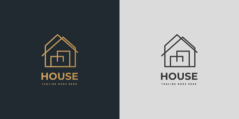 Sticker - House Logo. Gold House Symbol Geometric Linear Style isolated on Double Background