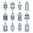 Linear arabian lamp or lantern, vector icon set. Silhouettes of moroccan or turkish light, contour clipart. Antique elments or vintage outline decor. Ramadan mubarak symbols.