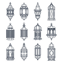 Linear Arabian Lamp Or Lantern, Vector Icon Set. Silhouettes Of Moroccan Or Turkish Light, Contour Clipart. Antique Elments Or Vintage Outline Decor. Ramadan Mubarak Symbols.