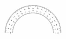 Vector Illustration Protractor Grid Isolated On White Background. Measuring Tool Scale In Flat Style. 180 Degrees Scale Protractor Template. Tilt Angle Meter.

