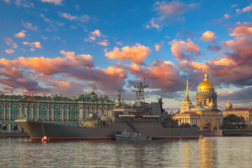 Wall Mural - Saint Petersburg warship Russia parade navy. Warship near winter palace. St. Isaac's Cathedral dome. Navy parade in Saint Petersburg. Admiralty Saint Petersburg.Ship in Neva River. Russia summer day