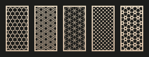 Fototapete - Laser cut pattern set. Vector design with modern geometric ornament, abstract grid, mesh. Oriental style design. Template for cnc cutting, decorative panels of wood, metal, paper. Aspect ratio 1:2