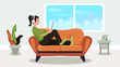 © focuscolors - Vector illustration of girl spending free time. Home life and relaxation concept.