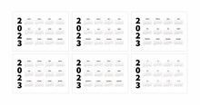 Set Of 2023 Year Simple Horizontal A4 Size Calendars In English, Spanish, Russian, French, Chinese And German Languages, Typographic Calendar Isolated On White