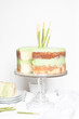 Sliced matcha pocky stick cake with plates isolated on a white background