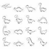 Fototapeta Dinusie - Dinosaur set with 16 silhouettes of reptiles. Vector illustration outlined funny dinosaurs  isolated on white background.