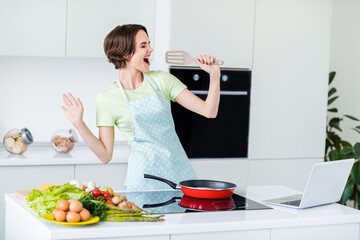 Sticker - Photo of overjoyed positive lady hold utensils spatula sing enjoy prepare dinner kitchen room indoors