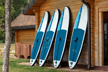 SUP surfboards. Rental station for active recreation and water sports, inflatable boards