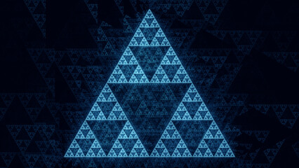 Wall Mural - Sierpinski triangle fractal in green and blue. Mathematics self similar recursive concept. An abstract 3D rendering background.