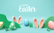 Happy Easter Message With Rabbit Ears And Easter Eggs