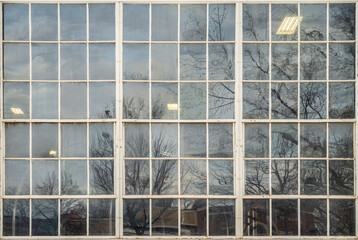 external view of a large industrial sash window panel with reflections of trees and building and lights visible inside