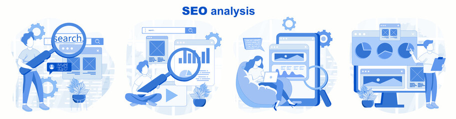 Wall Mural - seo analysis isolated set in flat design. people analyzing site data, optimization, develop strategy