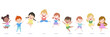 © Mimi Art Smile - Happy cute kids jump on a ground. Boy and girl children in a world vector illustration set.