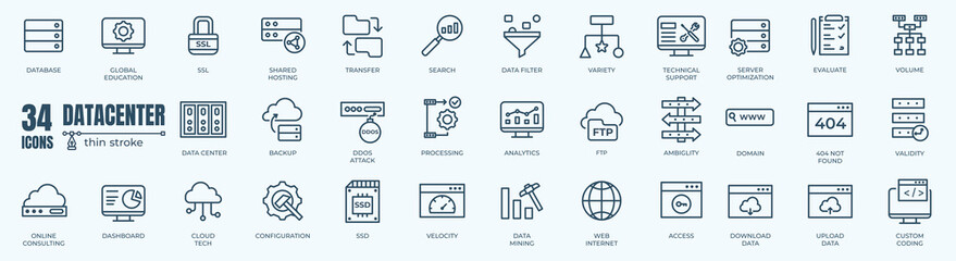 Data center icons set. Outline set of data center vector icons for web design isolated on white background