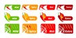 Spicy level labels with fire flames. Hot chilli pepper sauce or ketchup taste indicator or capsaicin levels scale. Meals spicy meter symbols vector sticker with mild, spicy, hot and extra ratings