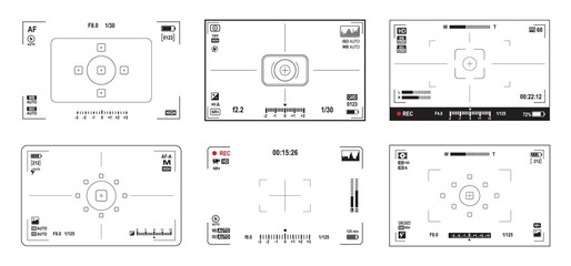 Viewfinder screen. Video and photo camera display frames. Camcorder or photography digital camera, DSLR focusing points screens, parameters adjustments or exposure settings scales vector overlays