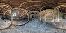 360 Hdr Panorama Inside Abandoned Ruined Wooden Decaying Hangar Or Room With Columns Or Old Building. Full Seamless Spherical Hdri Panorama In Equirectangular Projection, AR VR Virtual Reality Content
