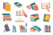 Book stacks. Flat style textbooks, novel books or diaries on shelf and tray. Bookstore, library or collage old books vector stacks or piles, human hands holding, opening and flipping notebook pages